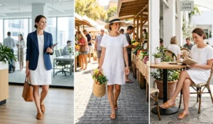 "Three-panel image showing the versatility of a classic white linen shift dress styled for both office and casual weekend wear."