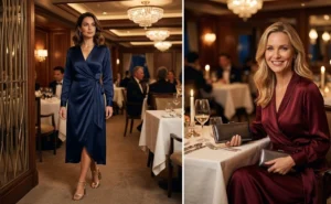 Two women wearing versatile, universally flattering silk wrap dresses with metallic heels for a smart-casual evening dinner on a cruise ship.