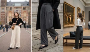 Refined museum outfit ideas featuring wide-leg pleated trousers, fitted long-sleeve tees, and crossbody bags.