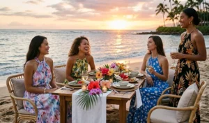 Four women at a beachfront sunset dinner, wearing elegant halter-neck floral dresses in various vibrant tropical and botanical prints.