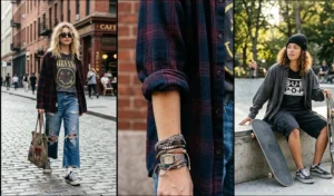 A three-panel collage featuring grunge-inspired outfits with unbuttoned oversized flannels and dark shirts layered over vintage graphic tees and wide-leg jeans.