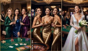 A 3-panel photo collage showcasing a glamorous casino night theme with bridesmaids in jewel-toned and emerald sequin dresses, and the bride in a striking iridescent white gown.