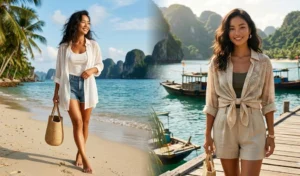 A two-panel beach photograph showing two women wearing sheer, lightweight button-down shirts as sun cover-ups over tank tops and bikini tops. They pose naturally on a sun-drenched Vietnamese coastline, illustrating breathable layering for humidity.