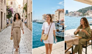 A photo collage of women wearing breathable linen co-ord sets, including button-down shirts and relaxed trousers, for sunny daytime cruise port excursions.