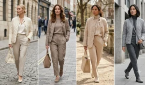 "Women dressed in monochromatic neutral-toned outfits with quilted jackets."