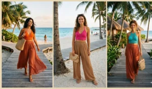 Collage of three women in tropical resort wear, styling flowy terracotta brown palazzo pants with vibrant colored crochet halter tops at the beach.