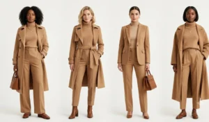 Four women displaying camel monochromatic Old Money aesthetic outfits, including soft cashmere turtlenecks, high-waisted wool trousers, and tailored trench coats.