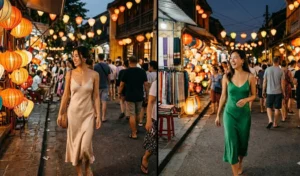 A sophisticated two-panel evening photograph set in the lantern-lit night markets of Hoi An, Vietnam. Women in elegant, midi-length champagne and emerald green silk slip dresses are seen navigating the colorful market, modeling effortless evening wear.