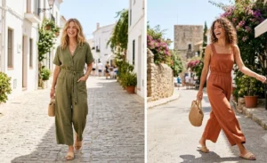 Two women modeling wide-leg linen jumpsuits paired with woven slide sandals, showcasing a breezy and comfortable summer jumpsuit outfit for warm weather.