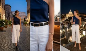 A three-panel photo collage showing a modern evening look in Rome with a one-shoulder draped top and tailored white culottes, highlighting layered gold bracelets and metallic sandals at a rooftop bar.