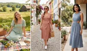 "Triptych collage featuring modern gingham print dresses in sage green and terracotta shades styled with summer accessories."