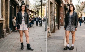 A side-by-side image showing two women layering edgy black faux leather moto jackets over delicate floral spring rompers.