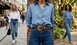 A three-panel fashion collage showing women styling oversized cotton shirts with a classic French tuck into vintage denim jeans, highlighting statement leather belts.