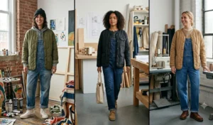 "Women wearing quilted liner jackets over denim overalls and casual boots."