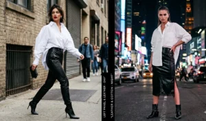 A two-panel image highlighting the edgy contrast between crisp white oversized poplin shirts tucked into sleek black leather pants and midi skirts.