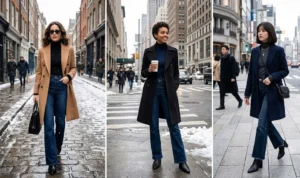 A photo collage of three women wearing black pointed-toe leather ankle boots perfectly styled under dark-wash denim flares with structured winter coats.