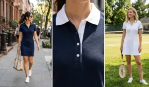 "Triptych lifestyle image of women wearing sporty, athletic-inspired polo dresses paired with white sneakers for a casual summer outfit."