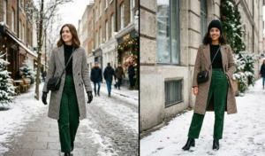 Split-screen of women walking outdoors in classic tailored houndstooth overcoats, sleek black mock neck tops, and rich jewel-toned forest green corduroy pants with black booties.