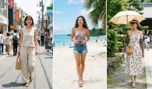 Summer outfit ideas for Japan featuring a breathable linen set, a vibrant tropicalcore beach outfit for Okinawa, and a stylish local using UV-blocking arm covers and a sun parasol.