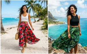 Two women styling vibrant tropical print maxi skirts with fitted crop tops and comfortable walking shoes for an island cruise vacation.