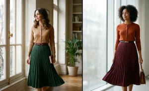 A split-screen of two women in a bright office environment, wearing elegant midi-length pleated skirts styled with structured cardigans and slim waist belts.