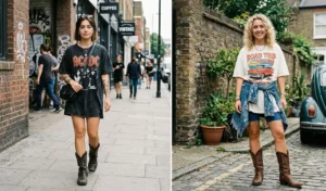 Two-panel image of women wearing oversized graphic t-shirt dresses paired with chunky western cowboy boots on city streets.