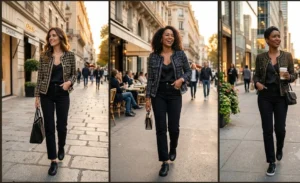 A three-panel collage of women wearing sophisticated casual Friday outfits, featuring high-waisted straight-leg black jeans, vintage-style tweed jackets, and monochrome black leather sneakers.