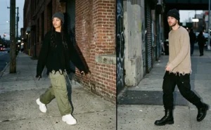 Edgy street style winter outfits pairing distressed hem sweaters with baggy utility cargo pants and chunky footwear.