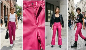 A 4-panel image showcasing edgy hot pink faux-leather pants in straight and flared cuts, paired with crisp white crop tops, black moto jackets, and chunky combat boots.