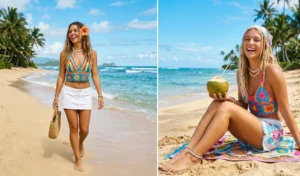 "Two women on a sunny beach wearing crochet halter tops and low-rise white denim skirts in a Y2K-inspired style."