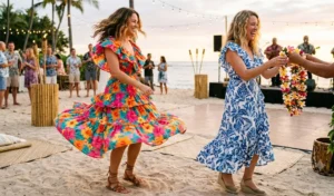Two women dancing at a festive evening luau beach party, wearing dynamic ruffled tropical midi dresses in bright pink and blue botanical prints.