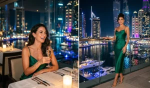 Two elegant women in emerald green silk slip dresses dining at a high-end restaurant in Dubai Marina.