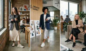A split image of three women in a creative office blending luxury and casual styles, wearing flowing satin slip skirts, oversized blazers, and chunky dad sneakers.
