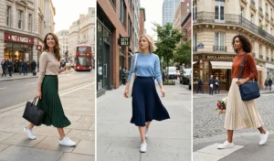 A three-panel image showing women walking in the city wearing elegant midi pleated skirts and lightweight knit sweaters paired with classic white canvas sneakers.