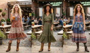 "Women wearing flowy boho dresses styled with suede cowboy boots."