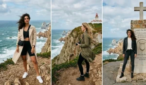 Wind-proof travel outfits featuring chic lightweight trench coats worn over monochromatic athleisure sets at the scenic Cabo da Roca cliffs.