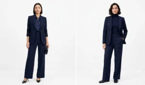 Two women wearing elegant midnight blue monochromatic power suits with navy tailored blazers, wide-leg trousers, and fine-knit turtlenecks.