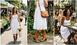 Three-panel collage showing women styling classic white eyelet sundresses with brown leather cowboy boots for a casual daytime look.