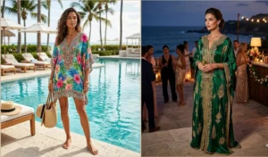 A split image showing luxury resort glamour, featuring a woman in a short, vibrant beaded kaftan by the pool, and another woman in a long, flowing silk kaftan for an evening event.
