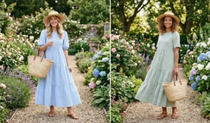 A side-by-side image of two women in a blooming garden wearing pastel gingham print maxi dresses and carrying woven straw tote bags.