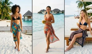 A collage of three women at a white sand beach club, demonstrating how to elegantly tie artistic print high-quality silk sarongs over swimwear.