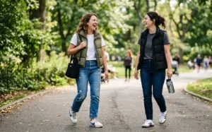 Sporty casual outfits for women featuring quilted puffer vests layered over white t-shirts and jeans, accessorized with retro-style sneakers.
