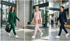 A split image showing three professional women wearing monochromatic power suits in emerald green, pastel pink, and navy blue, all paired with minimalist white leather sneakers in a bright office lobby.