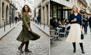 Elegant winter layering showing slouchy V-neck sweaters tucked into flowing pleated midi skirts with knee-high boots.