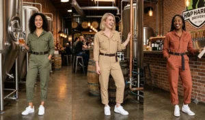 "Women wearing stylish utility jumpsuits with rolled hems and sneakers."