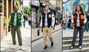 Three people wearing youthful urban fashion featuring vibrant green, navy, and burgundy varsity jackets over solid heather-grey relaxed hoodies and cargo pants.