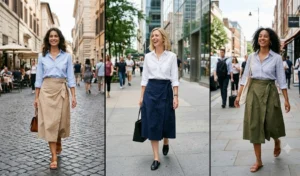 A split-screen collage of three professional women wearing relaxed wrap midi skirts made of cotton poplin, paired with tucked-in crisp long-sleeve button-down shirts with rolled-up sleeves.