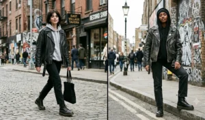 Two people wearing edgy downtown fashion with soft relaxed hoodies layered under oversized black leather moto jackets, paired with black jeans and combat boots.