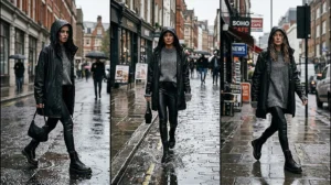 A fashion collage showing three women in edgy all-black rainy day outfits featuring matte raincoats, faux leather leggings, and heavy lace-up combat boots.