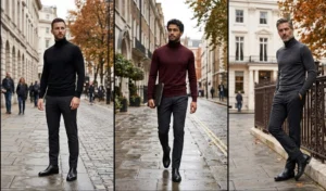 Three men showcasing winter smart casual fashion with charcoal chinos, merino wool turtlenecks, and black Chelsea boots.